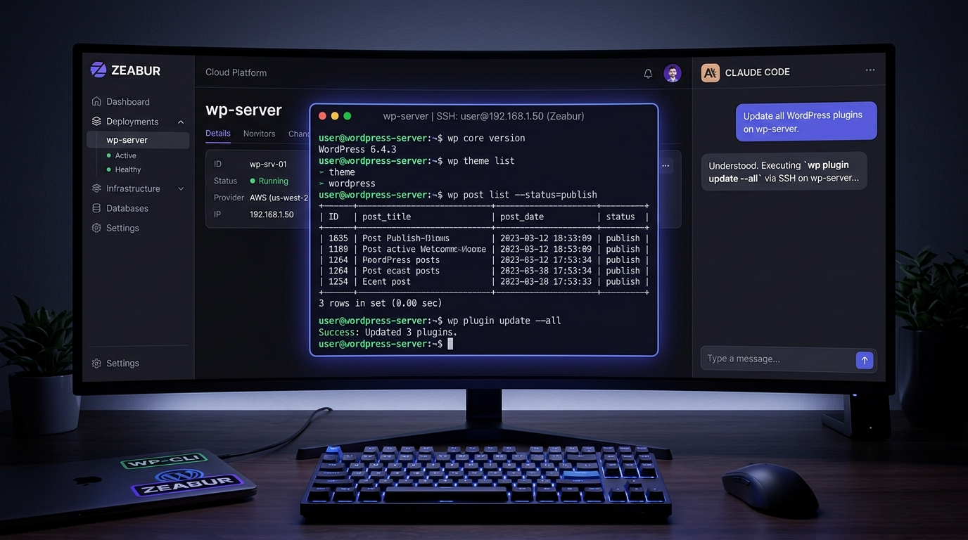 在 Zeabur 部署 WordPress 並用 Claude Code SSH 管理的示意圖