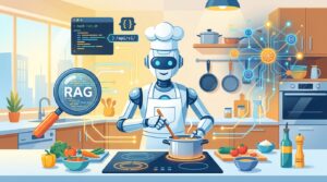 AI Agent Tool Use 和 RAG 示意圖——機器人廚師與數位工具