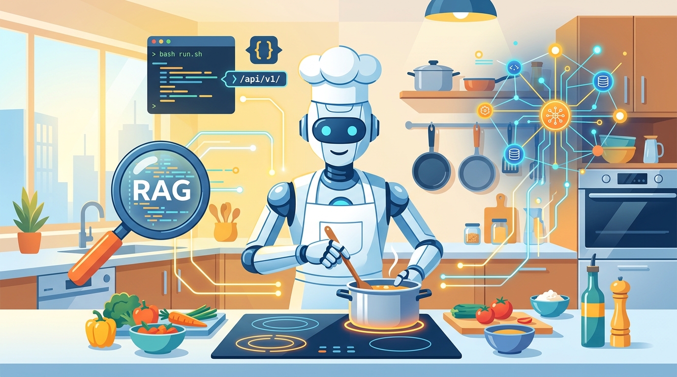 AI Agent Tool Use 和 RAG 示意圖——機器人廚師與數位工具